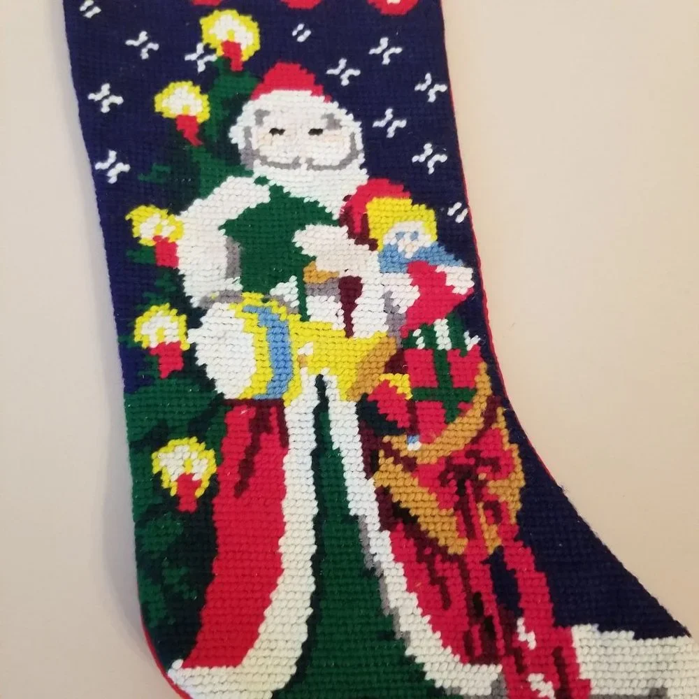 Santa Needlepoint Stocking Winter Holiday Decor NOEL Father Christmas‎ 21 in